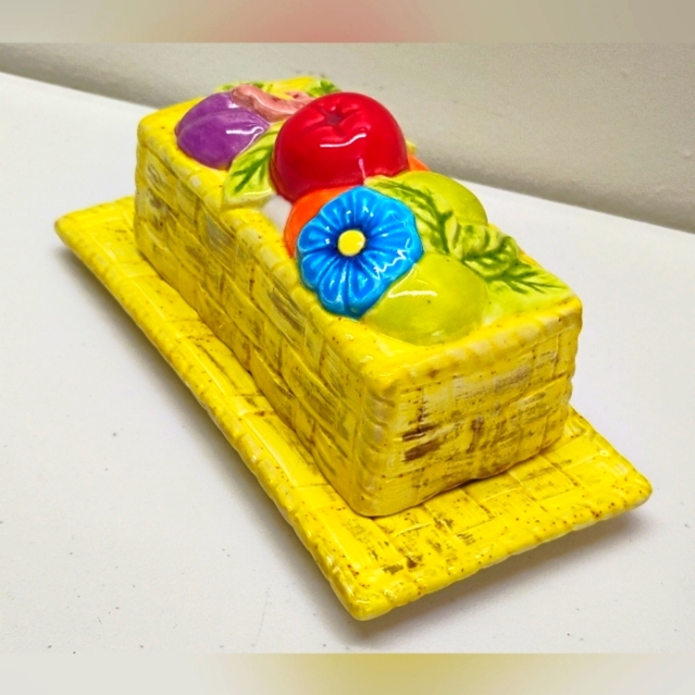 Vintage Ceramic Wicker Butter Dish Yellow With Fruit Accents Retro F-3